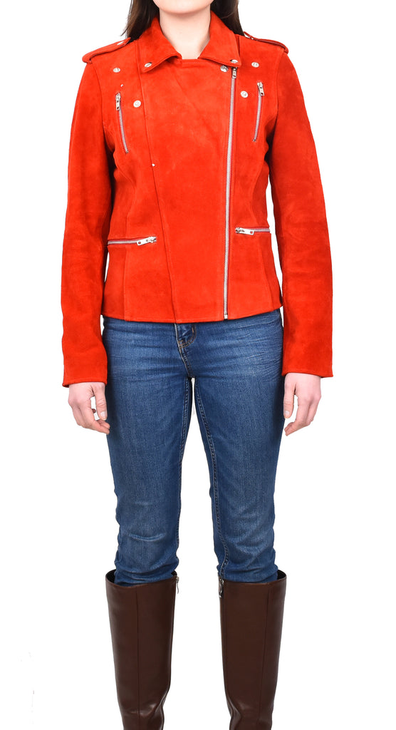 DR217 Women's Hardrock Biker Chich Leather Jacket Red Suede 7