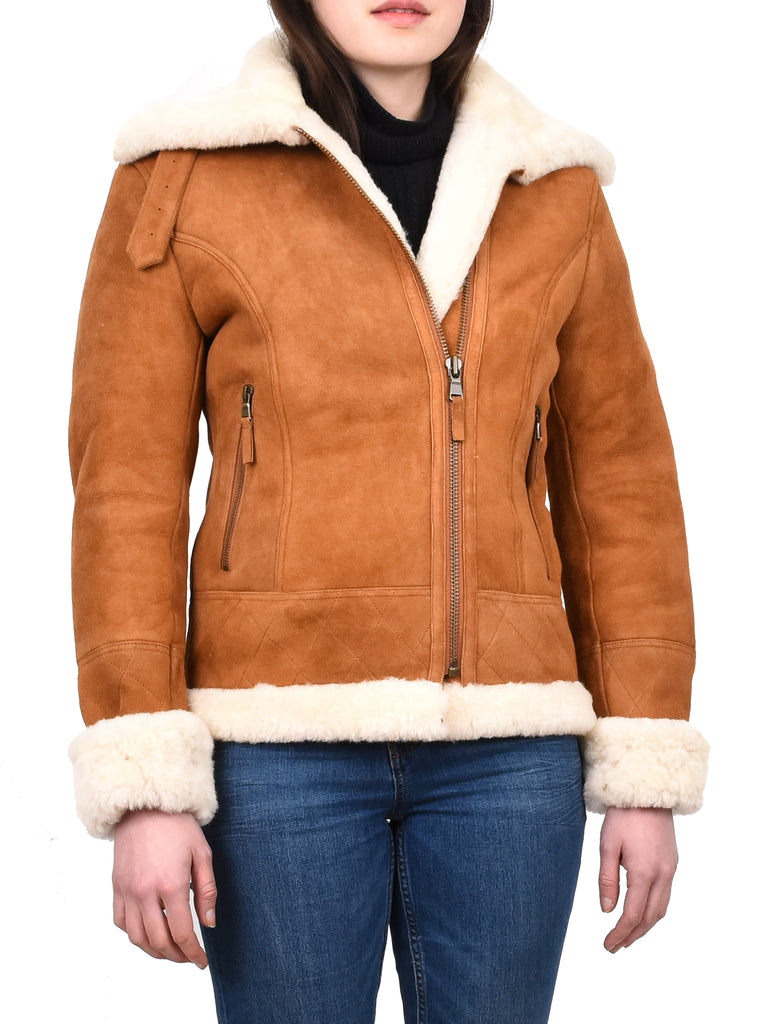 DR533 Women's Real Sheepskin Aviator Jacket Tan 5