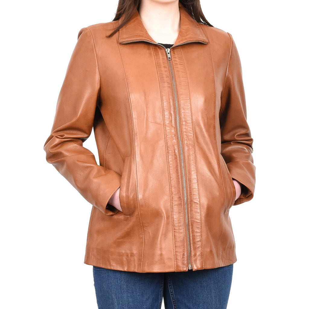 Women's Casual Semi Fitted Real Leather Jacket Tan Raven2 1