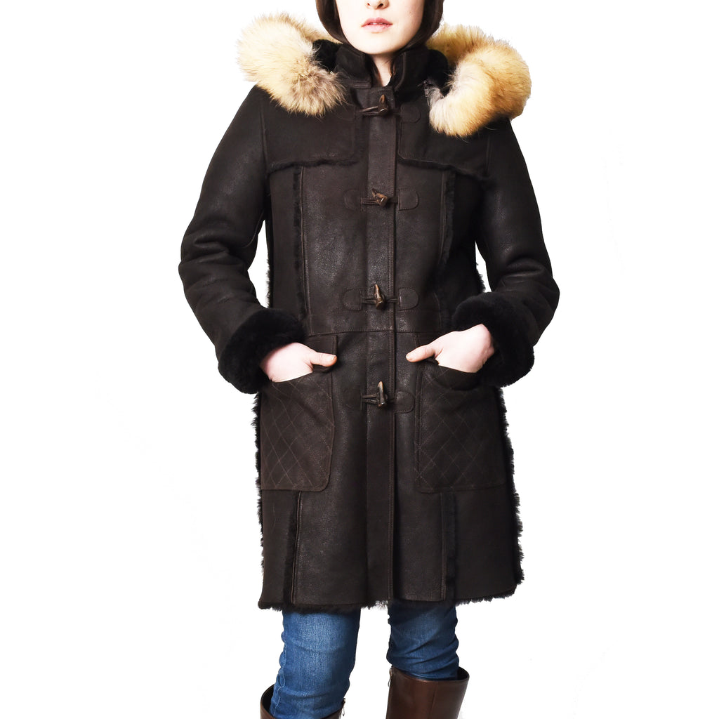 Women's Real Shearling Sheepskin Italian Classic Coat Brown Birna 8