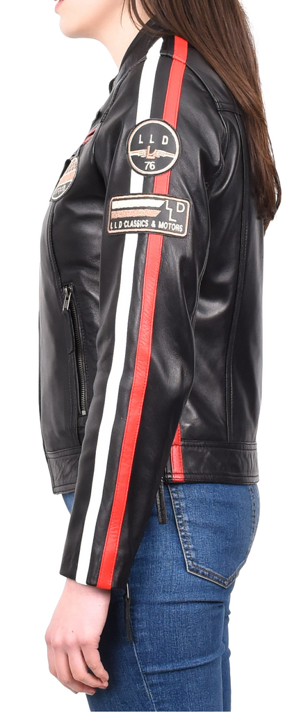 DR674 Women's Soft Real Leather Racing Biker Jacket Black 6