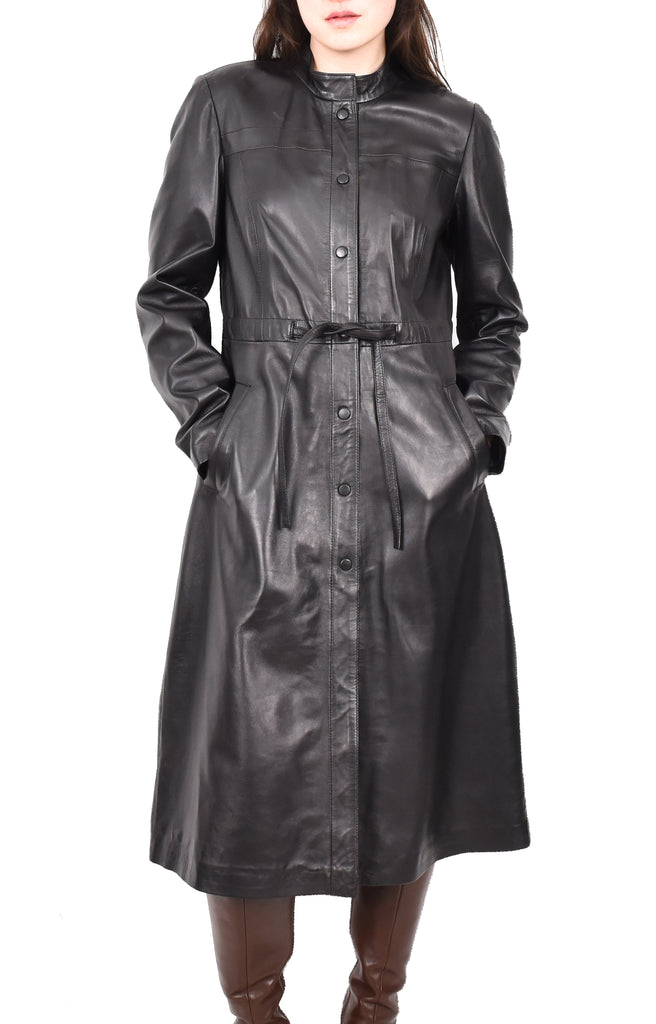 DR240 Women's Real Leather Slim Fit Trench Overcoat Black 7
