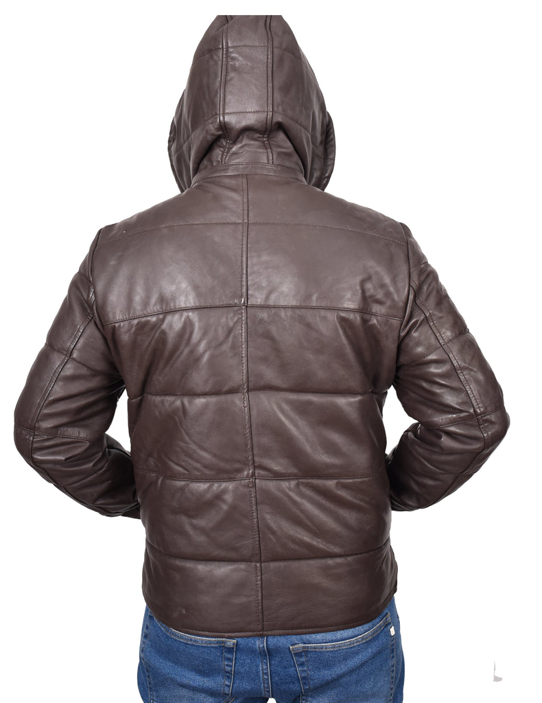 DR188 Men's Leather Hooded Puffer Jacket Brown 7