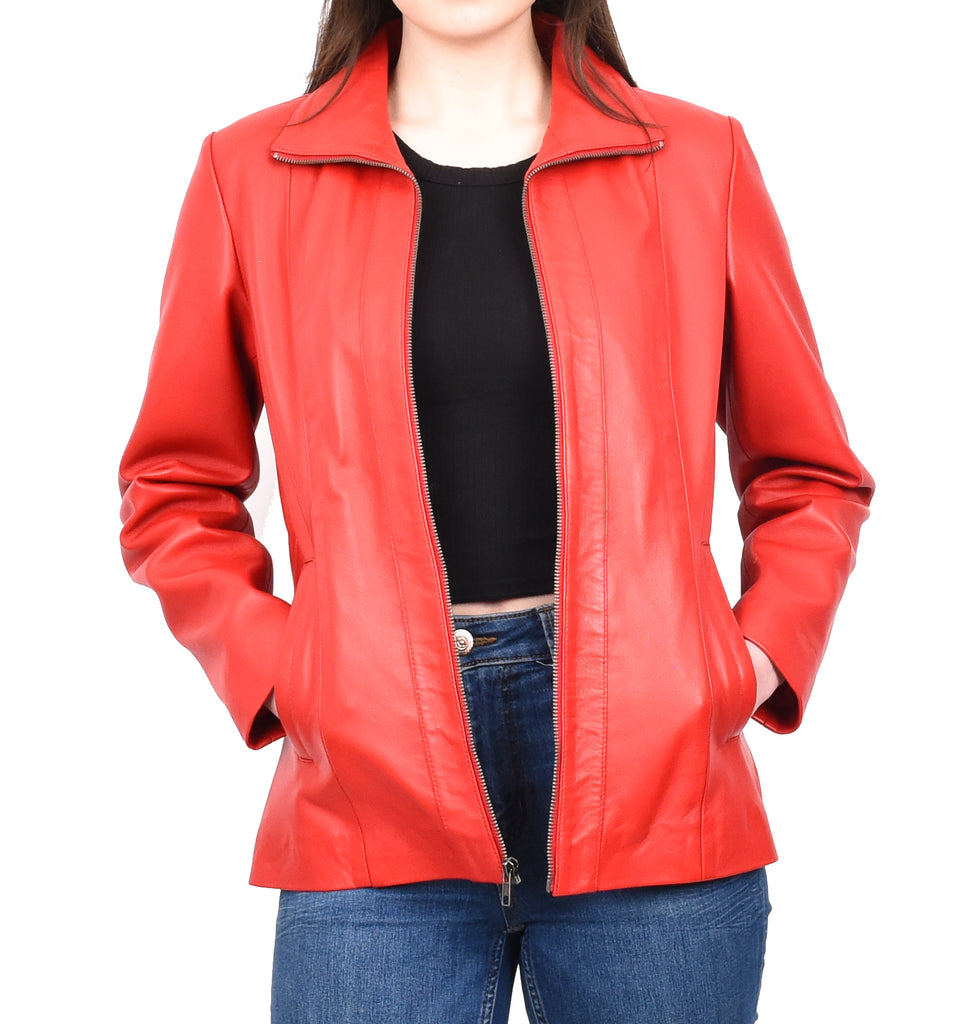 DR202 Women's Casual Semi Fitted Leather Jacket Red 8