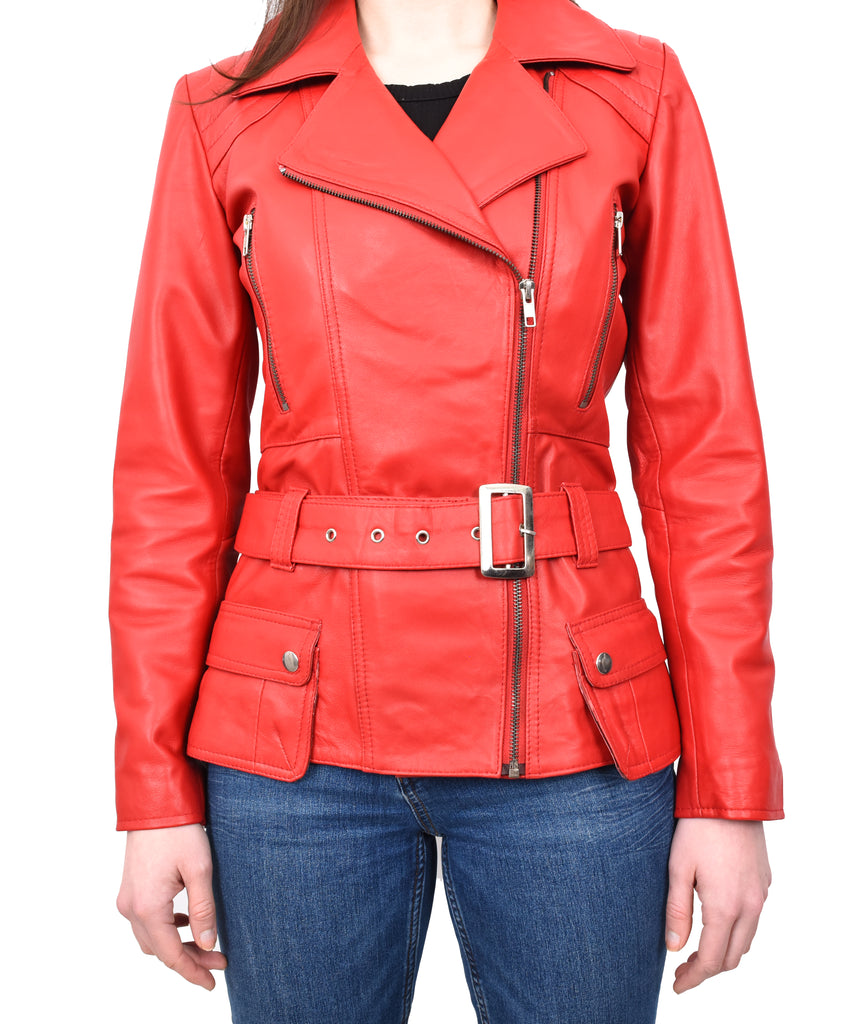 DR205 Women’s Slim Fit Cut Hip Length Biker Leather Jacket Red 7