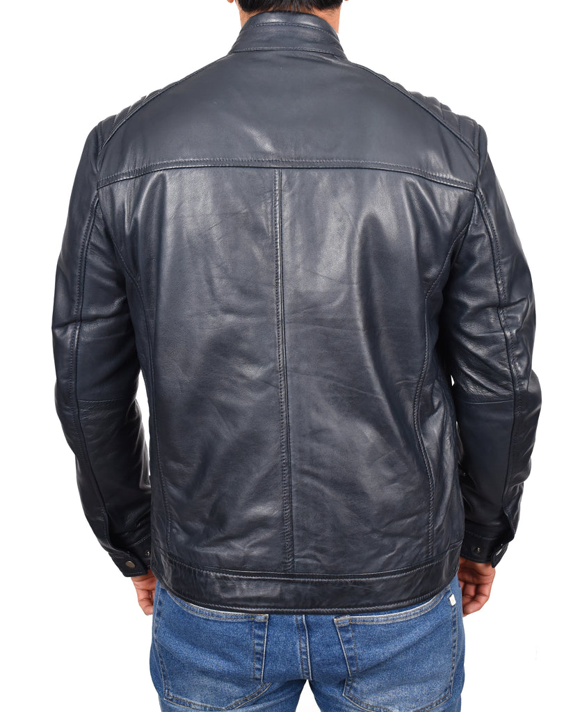 DR185 Men's Real Leather Biker Jacket Navy 7