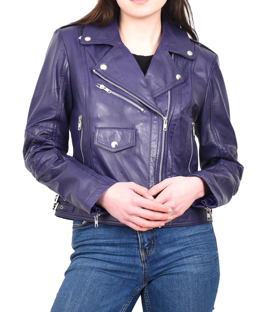 DR207 Women's Real Leather Biker Cross Zip Jacket Purple 8