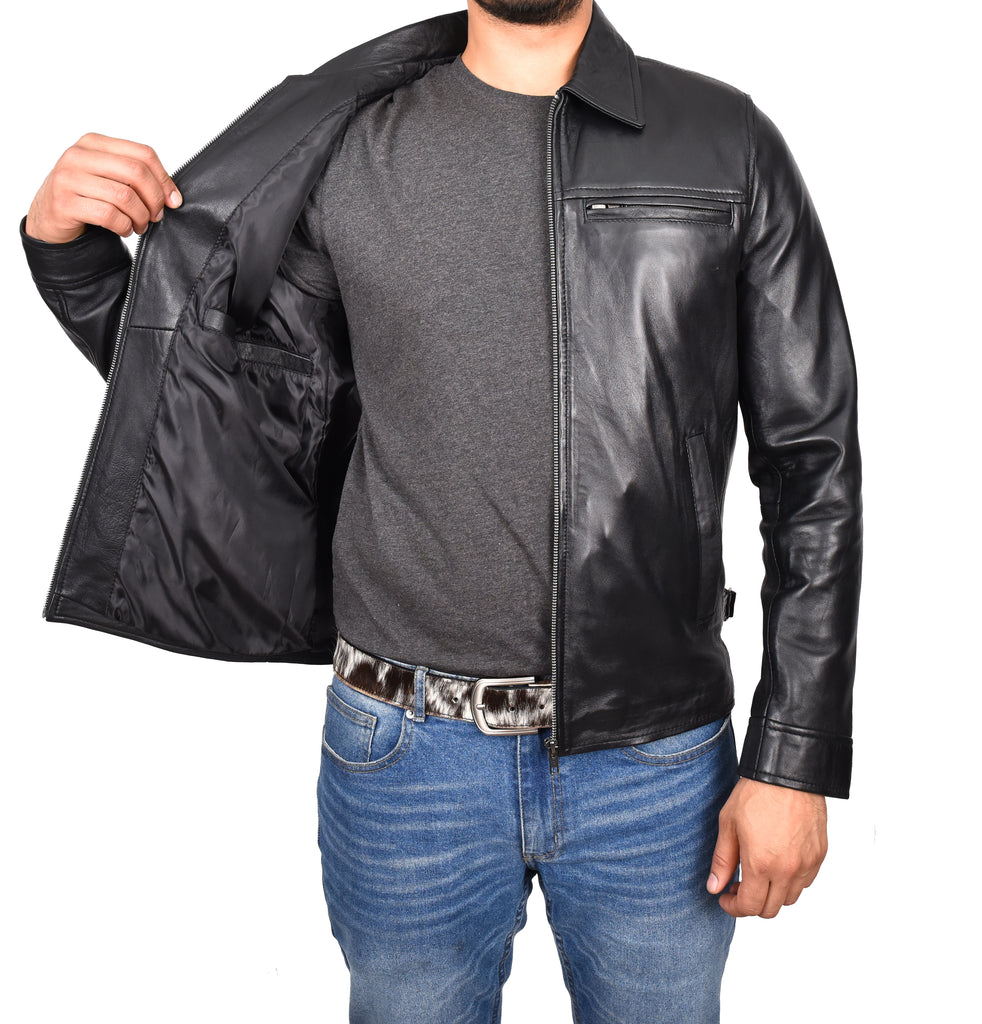 DR162 Men's Classic Zip Box Leather Jacket Black 7