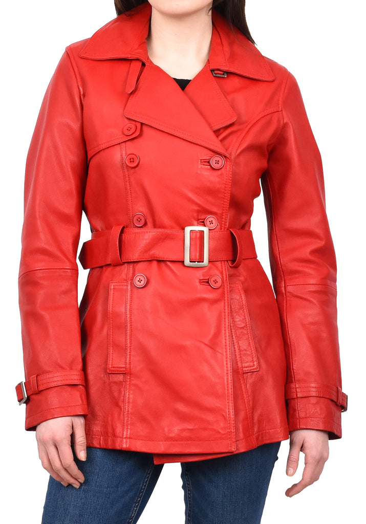 DR201 Women's Leather Buttoned Coat With Belt Smart Style Red 7