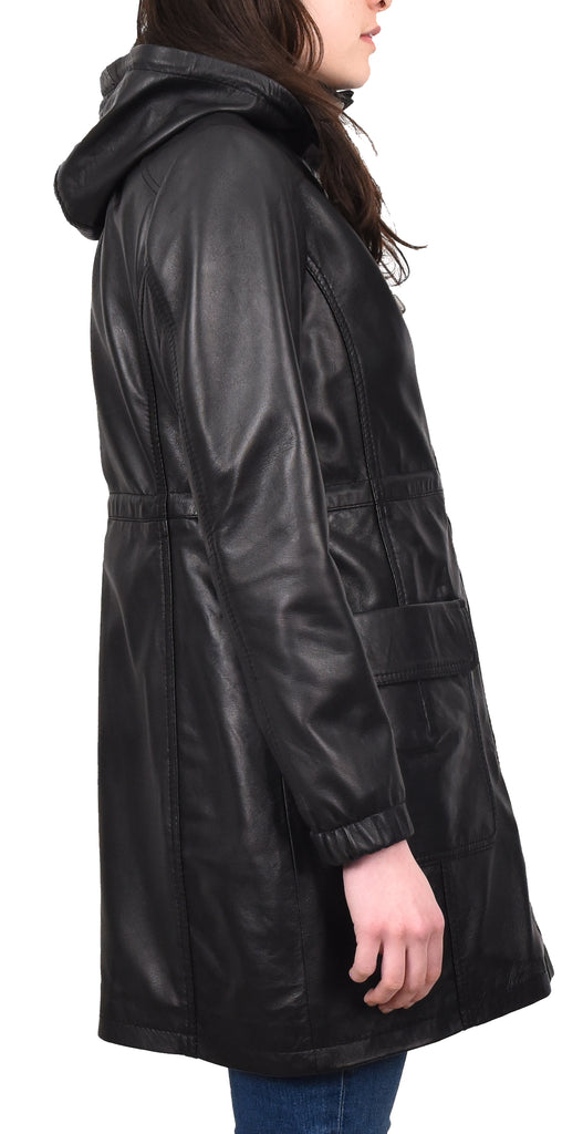 DR218 Women's Smart Long Leather Coat Hood Black 7