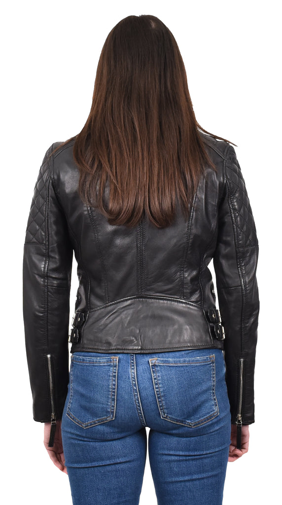 DR246 Women's Real Leather X-Zip Biker Style Jacket Black 6