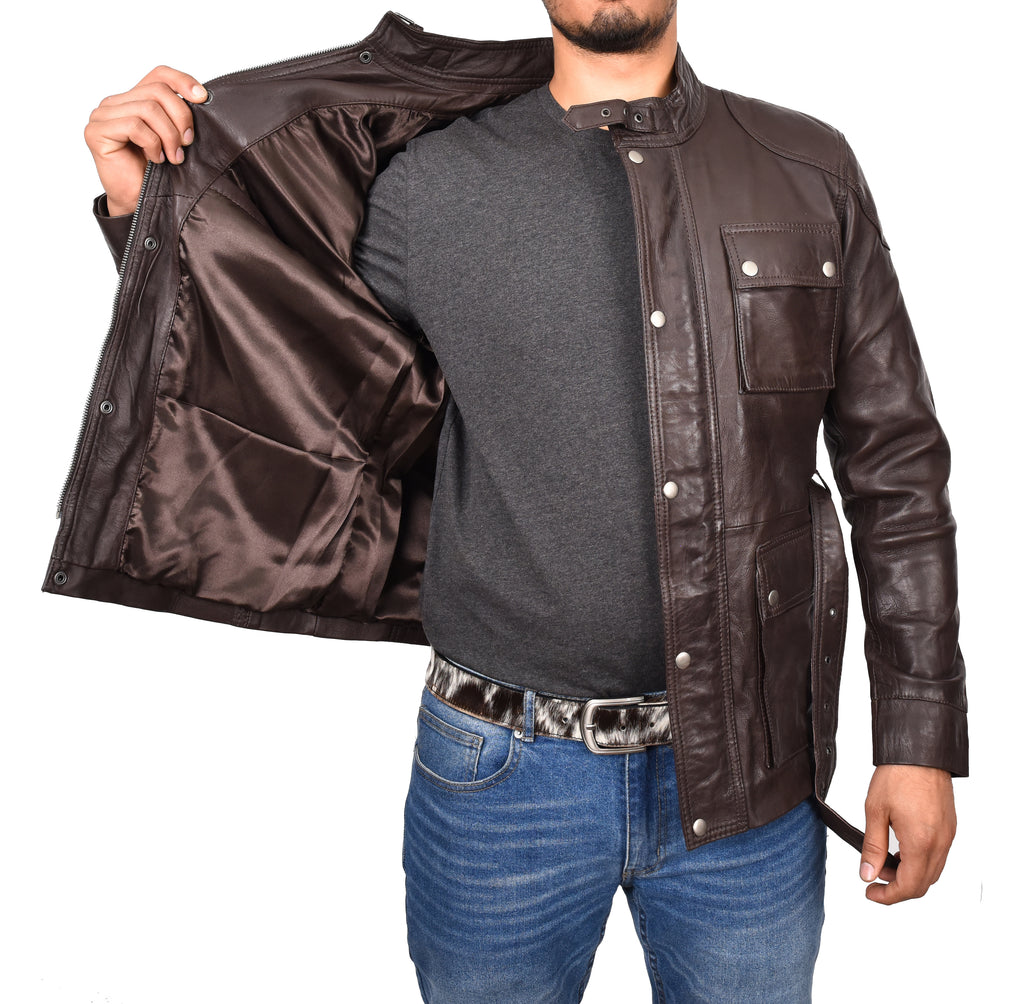 DR190 Men’s Leather Trendy Safari Jacket With Waist Belt Brown 7