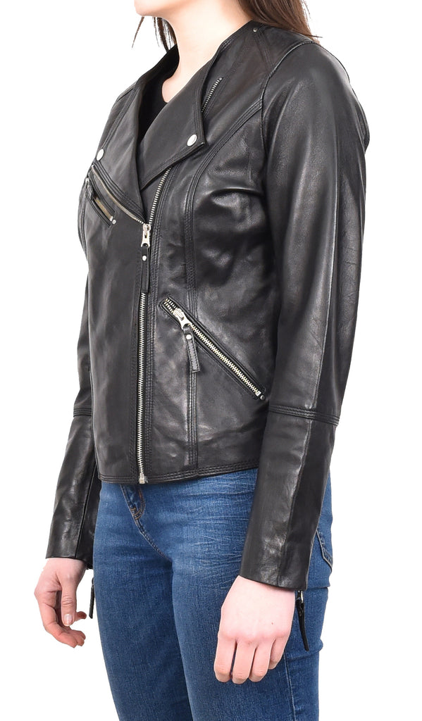 DR572 Women's Casual Cross Zip Leather Jacket Black 6