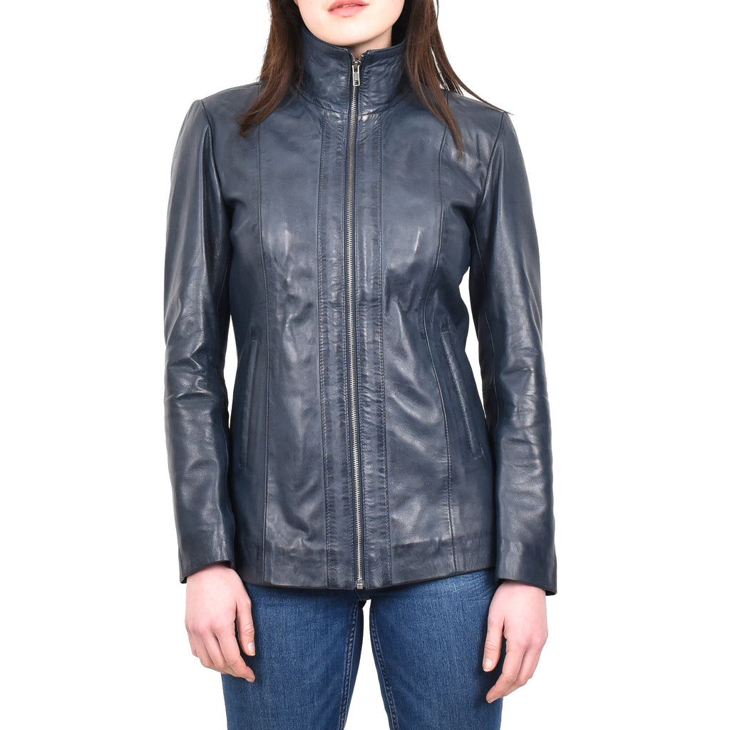 Women's Casual Semi Fitted Real Leather Jacket Blue Raven2 1