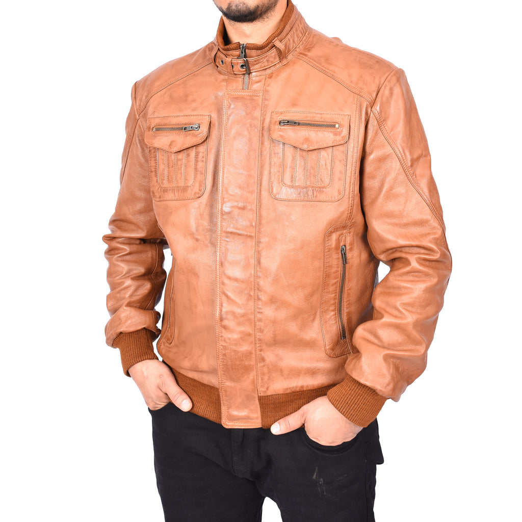 Men's Bomber Style Real Leather Jacket Tan Boden-7