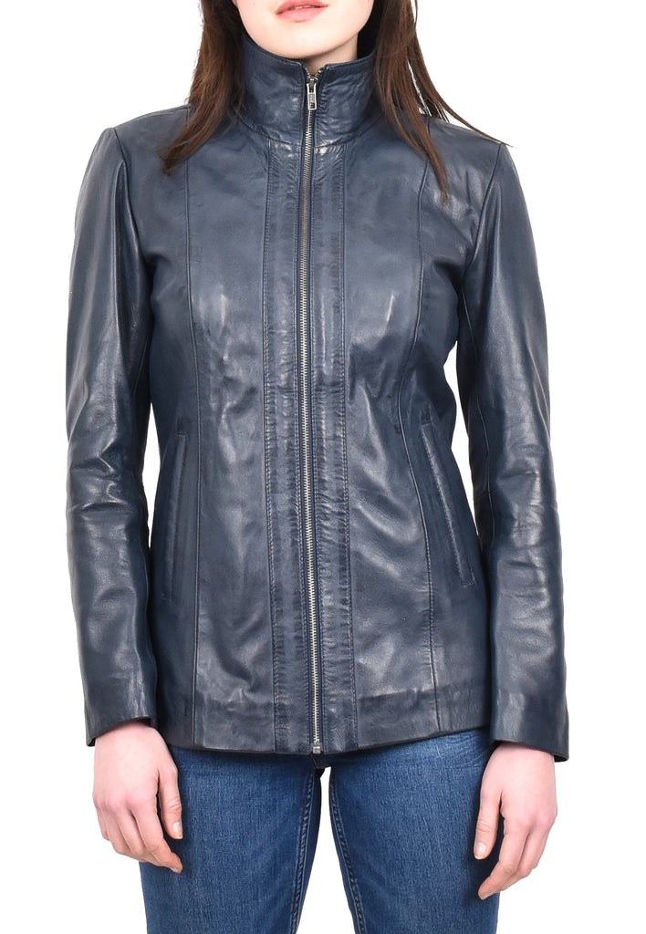 DR202 Women's Casual Semi Fitted Leather Jacket Blue 8