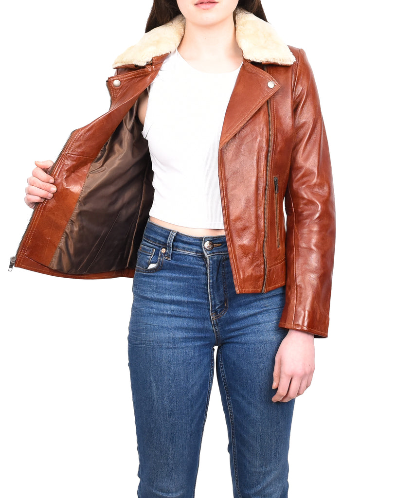 DR237 Women’s Real Chestnut Biker Jacket With Removable Sheepskin Collar 7