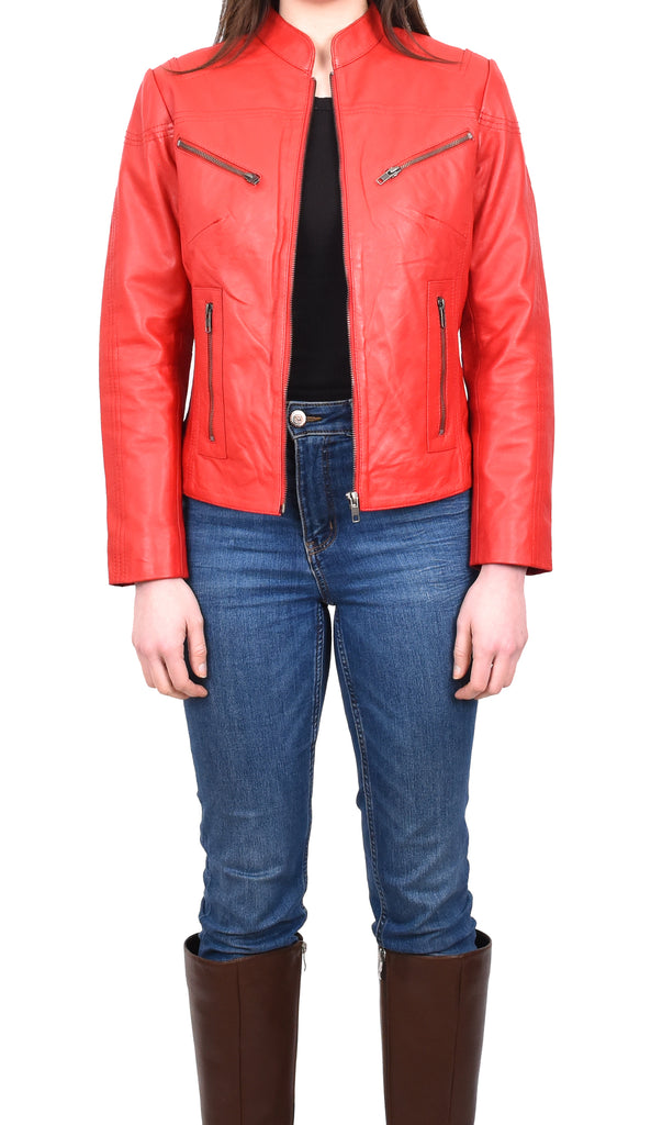 DR200 Ladies Classic Casual Biker Leather Jacket Red 7