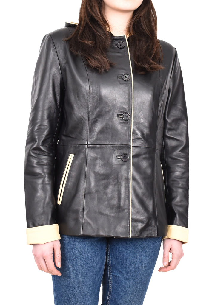 DR226 Women's Winter Warm Leather Jacket with Hood Black 7