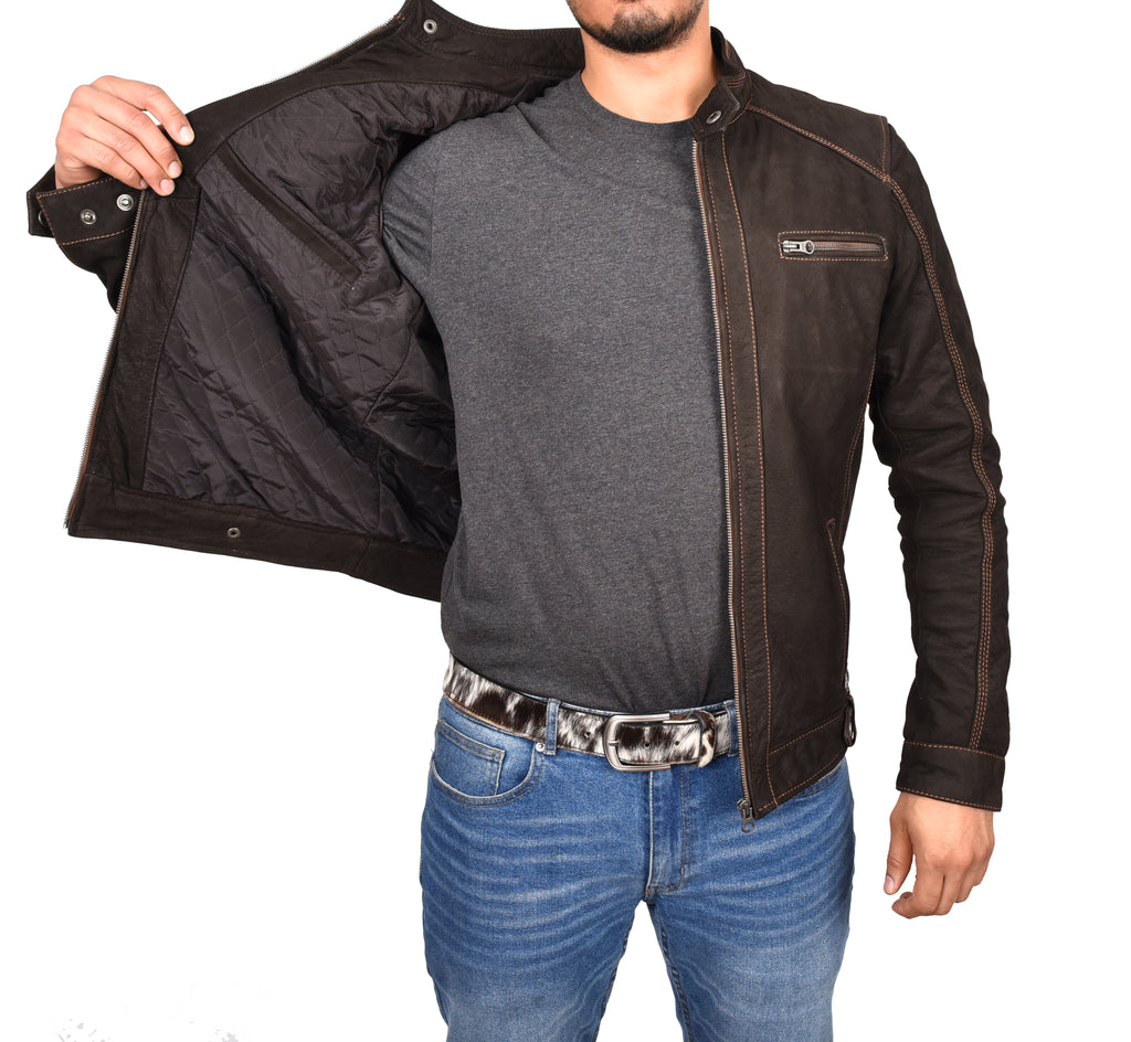 DR193 Men’s Real Waxed Leather Biker Jacket Brown 7