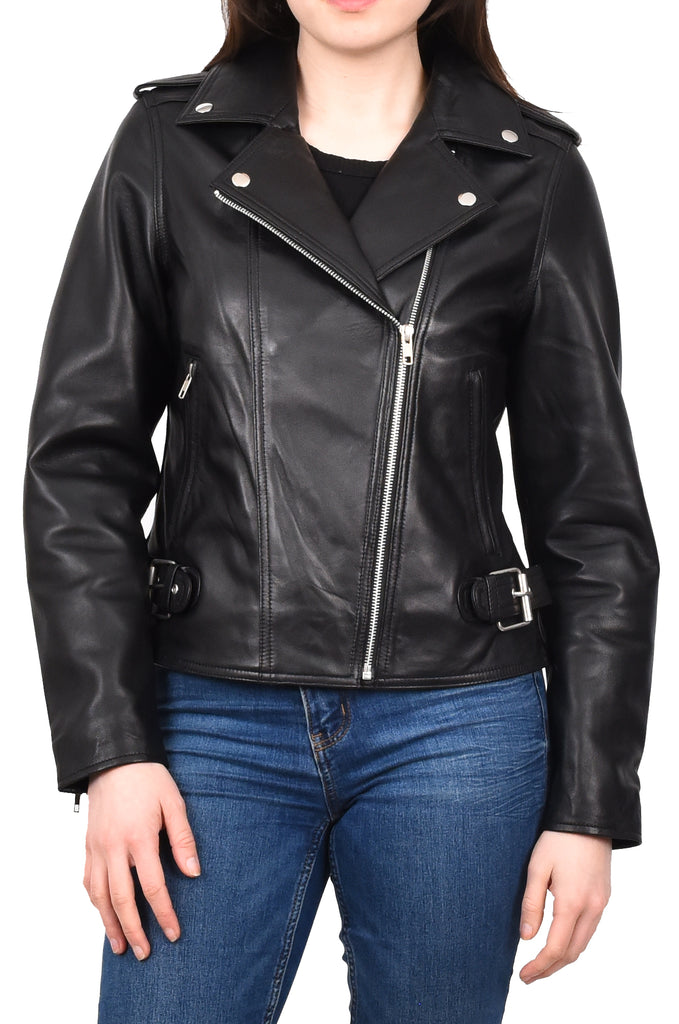 DR221 Women's Chic Biker Fitted Leather Jacket Black 7