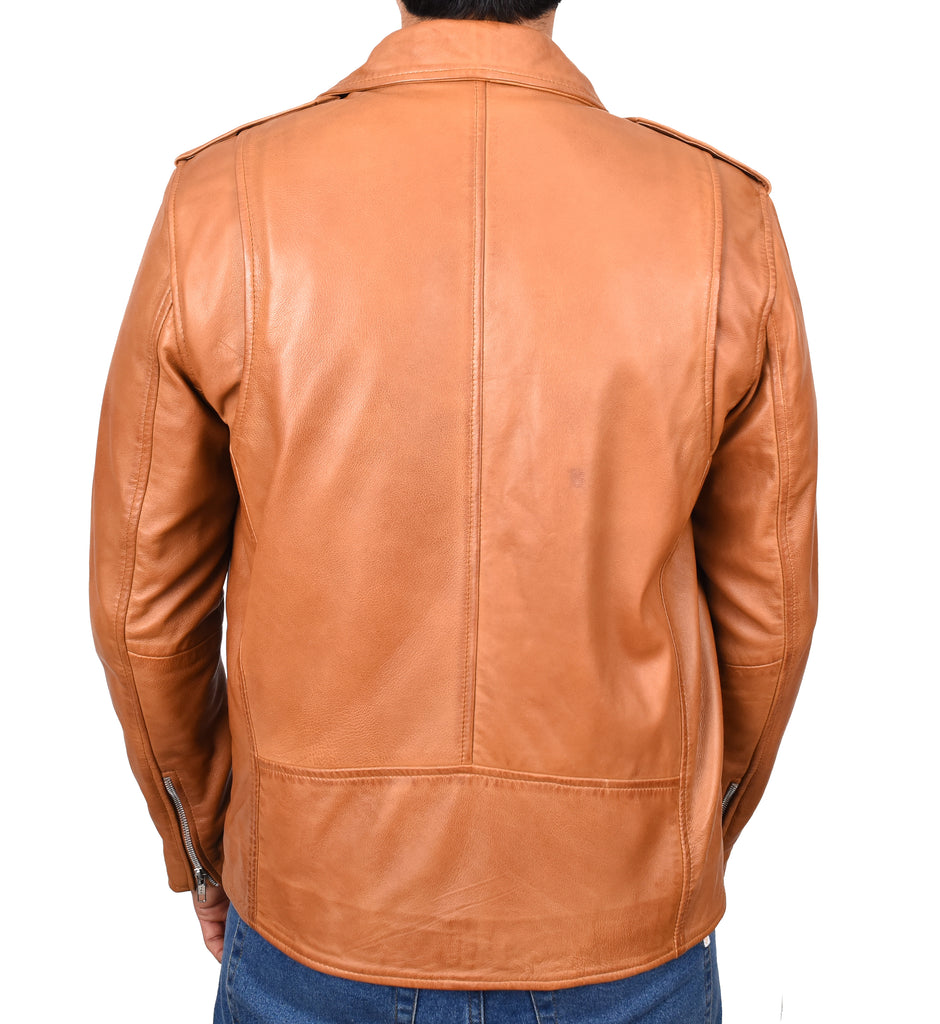 DR100 Men's Biker Real Leather Jacket Tan 6