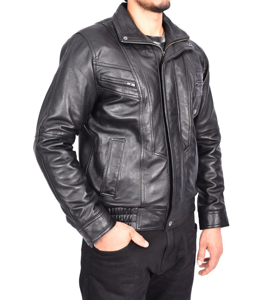 Men's Real Leather Classic Black Jacket Bomber Blouson Style Errick-7