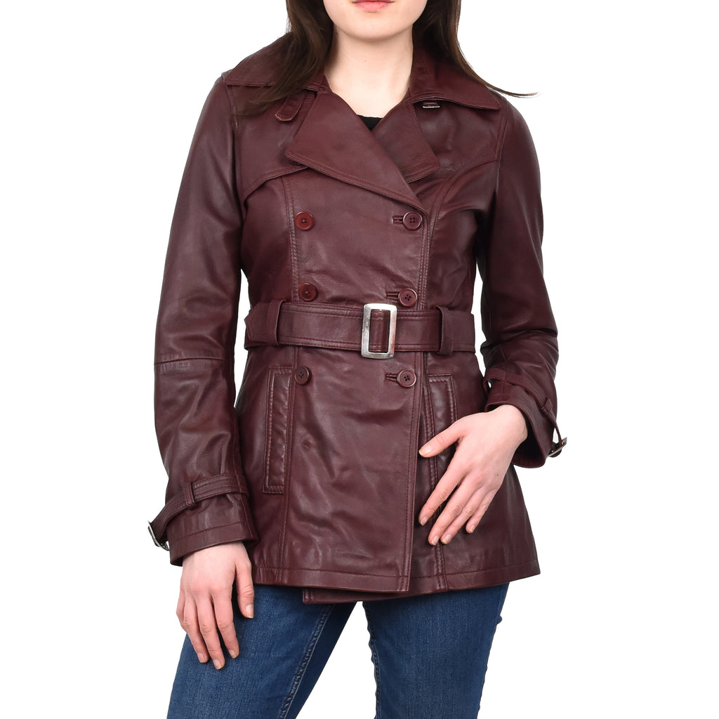 Women's Real Leather Buttoned Coat With Belt Burgundy GlamTrench 1