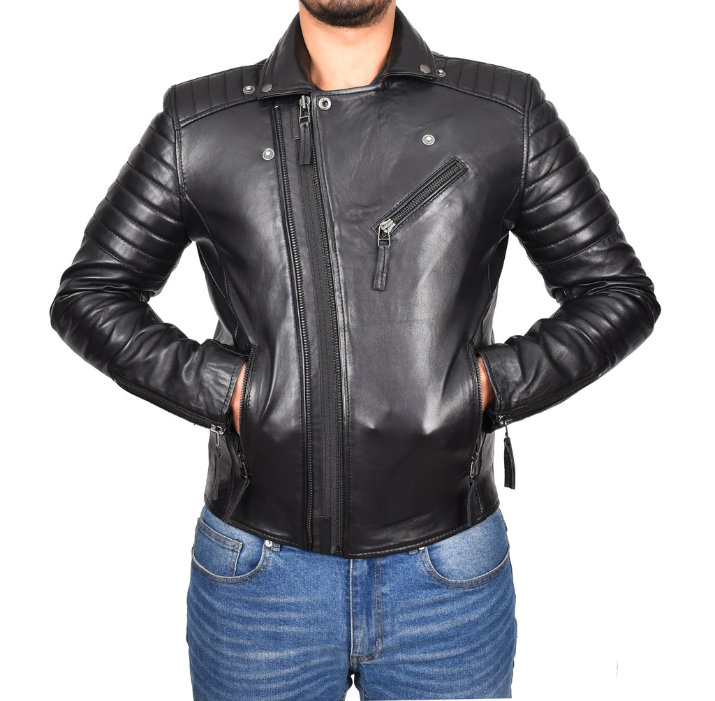 DR145 Men's Quilted Biker Leather Jacket Black 7