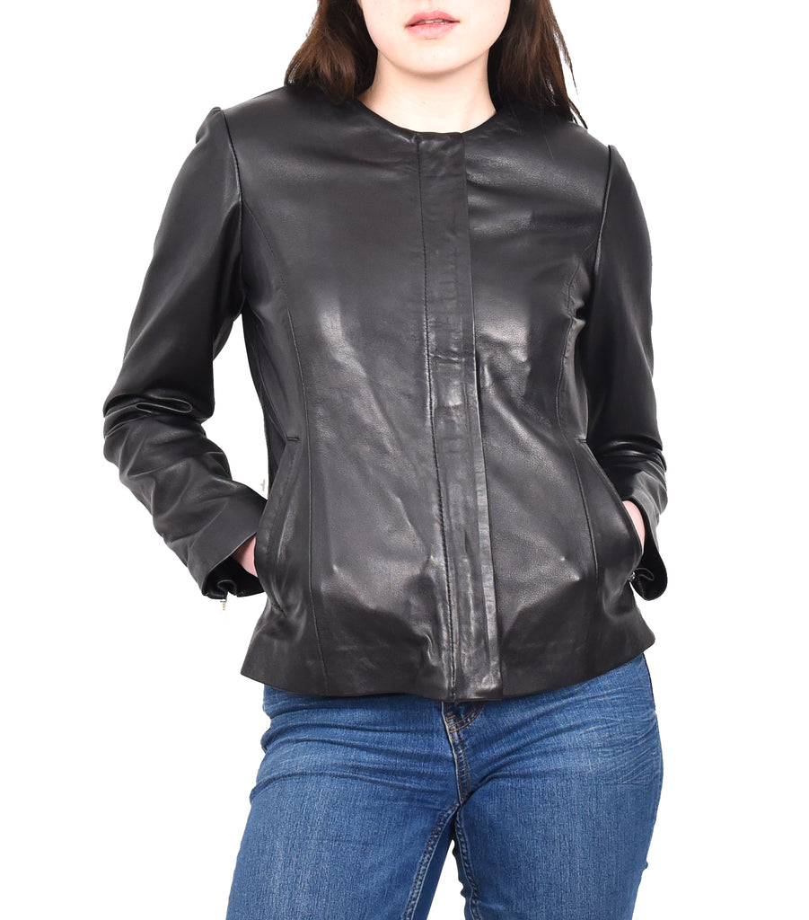 DR244 Women's Real Leather Collarless Jacket Black 7