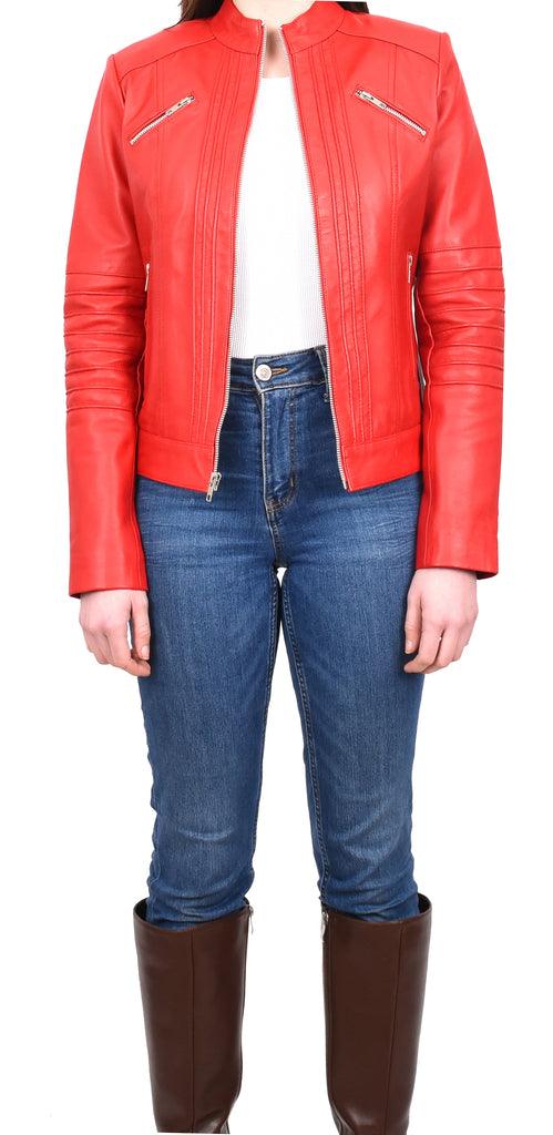 DR222 Women's Casual Biker Leather Jacket Red 7