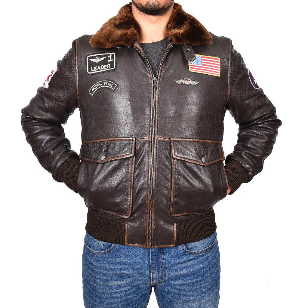 DR535 Men's Genuine Leather G-1 Airforce Badges Bomber Jacket Brown 7