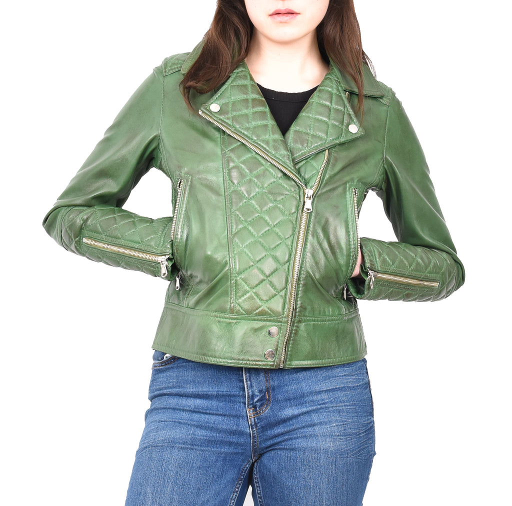 DR238 Women's Leather Biker Jacket with Quilt Detail Green 8