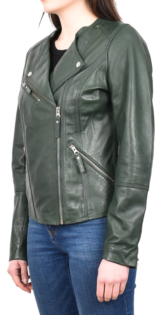 DR572 Women's Casual Cross Zip Leather Jacket Green 12