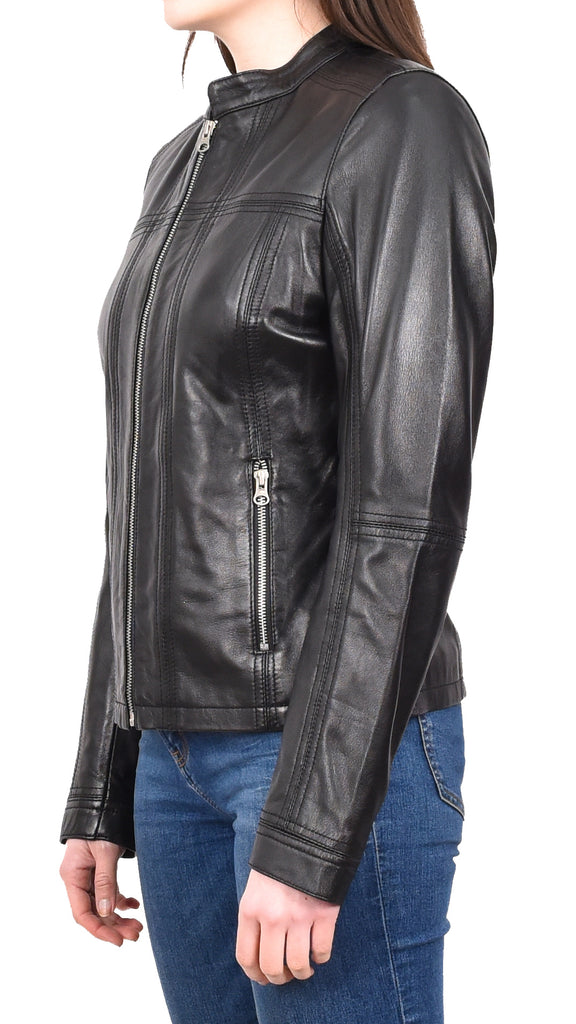 DR257 Women's Leather Classic Biker Style Jacket Black 6