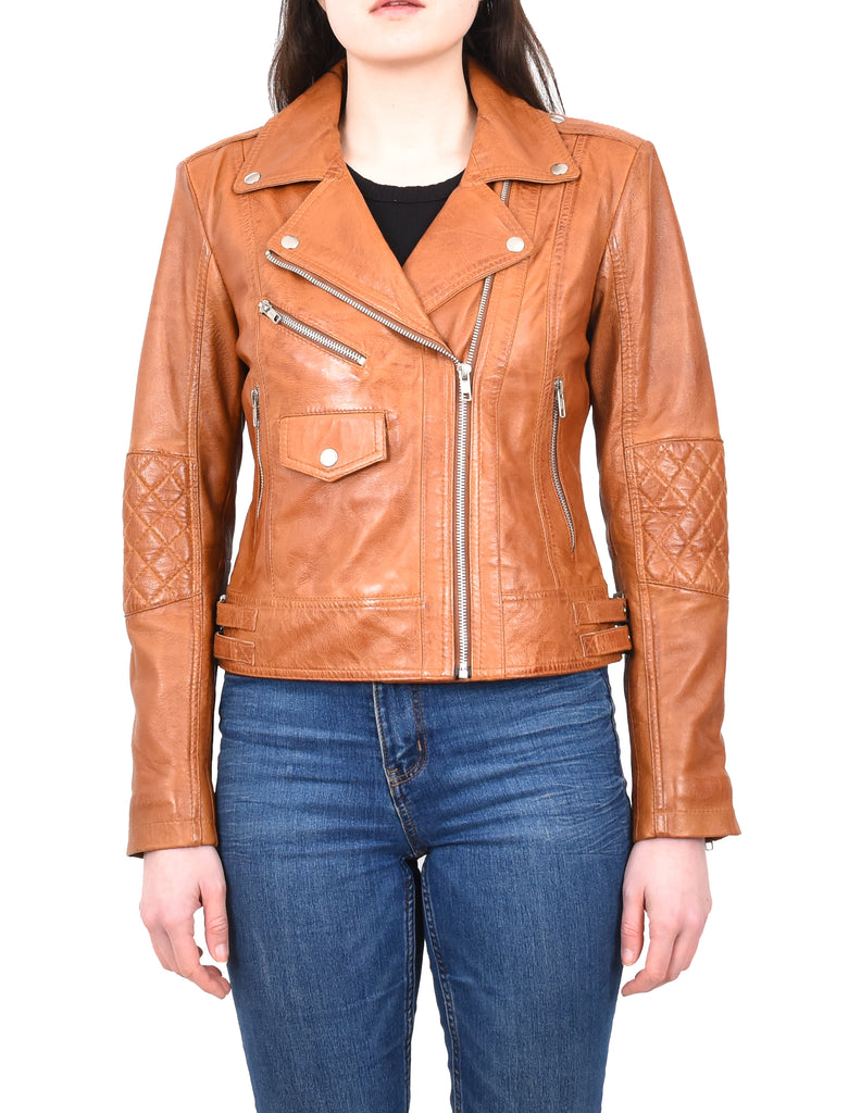 DR207 Women's Real Leather Biker Cross Zip Jacket Tan 8