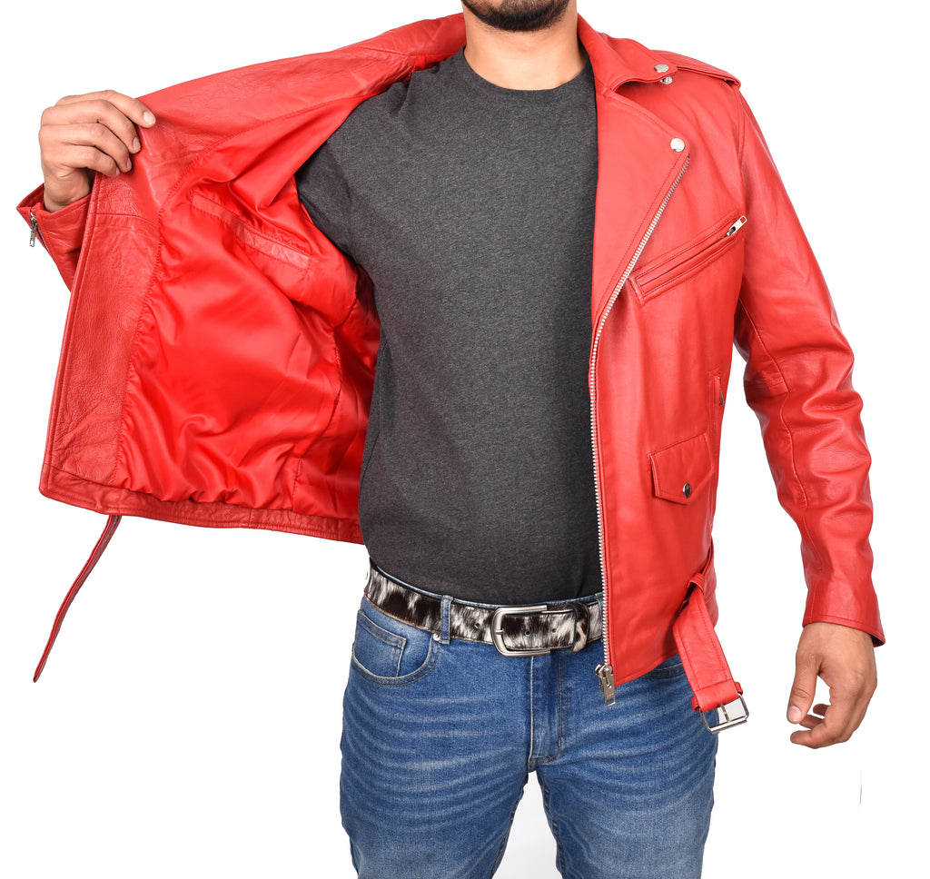 DR100 Men's Biker Real Leather Jacket Red 7