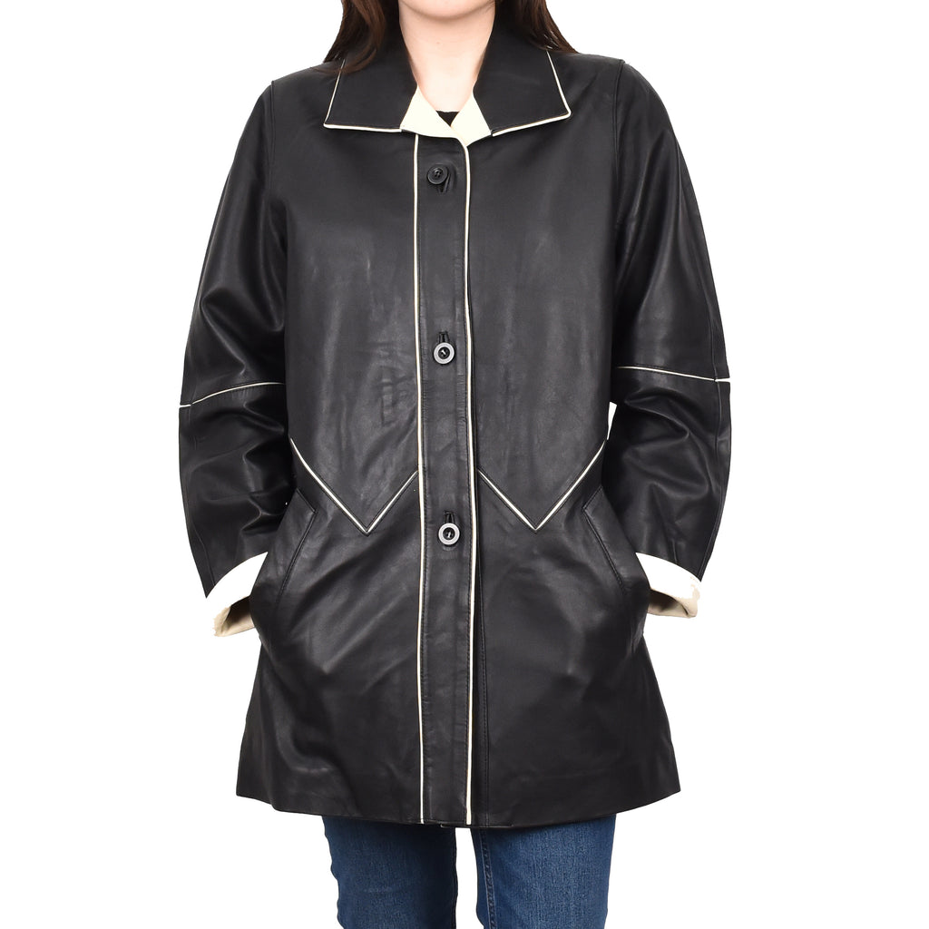 Ladies Classic Parka Real Leather Coat Trim Jacket Black-Beige Elara 1
