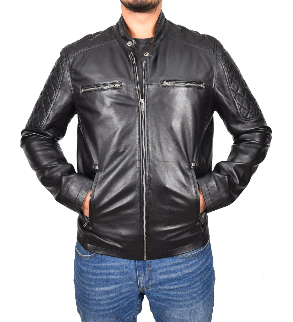 DR158 Men's Classic Quilted Biker Leather Jacket Black 7