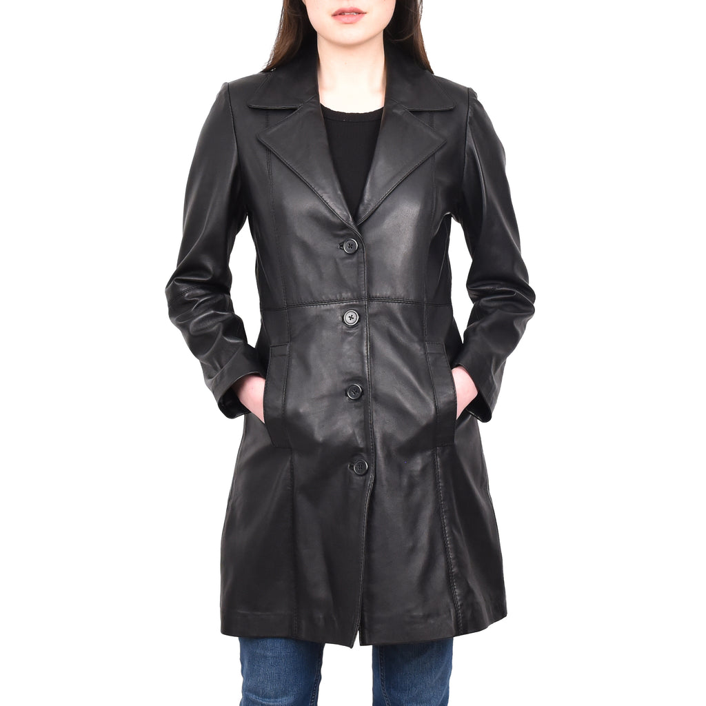 Women's 3/4 Length Soft Leather Classic Coat Black Trenzia 1