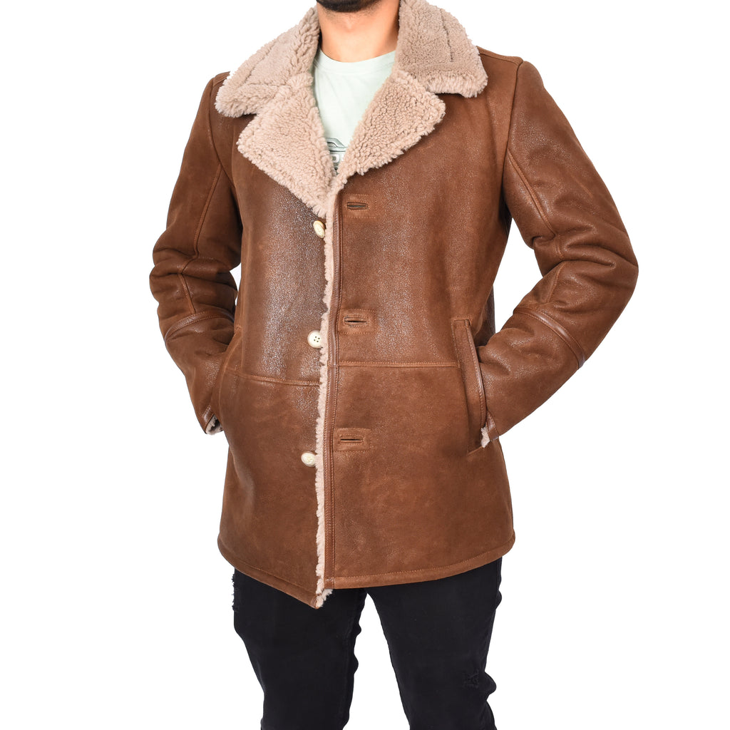 Mens Retro Genuine Sheepskin Leather Crombie Coat Mikael Brown-6