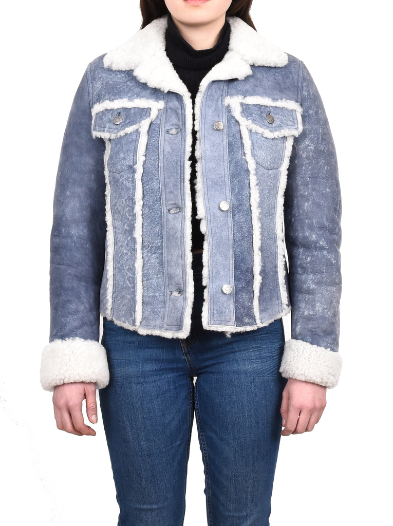 DR239 Women's Real Sheepskin Trucker Jacket Denim Blue 7