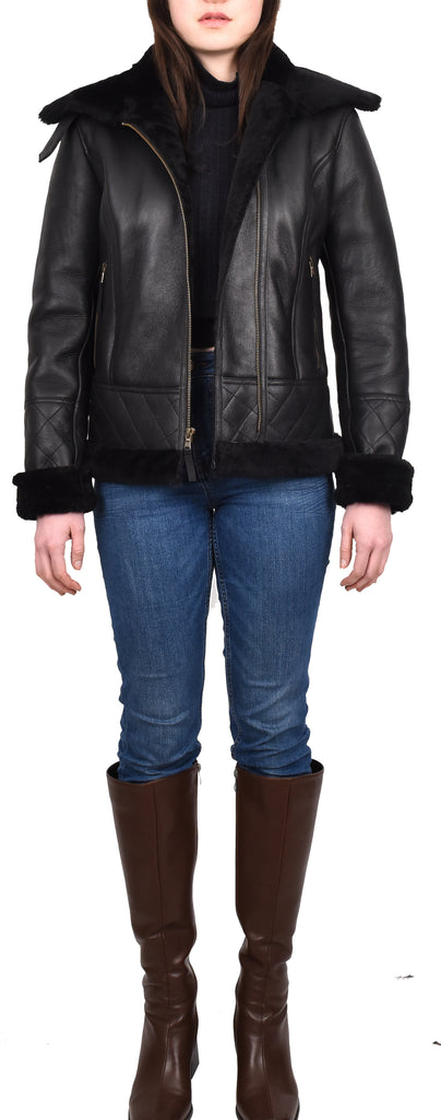 DR533 Women's Real Sheepskin Aviator Jacket Black 6