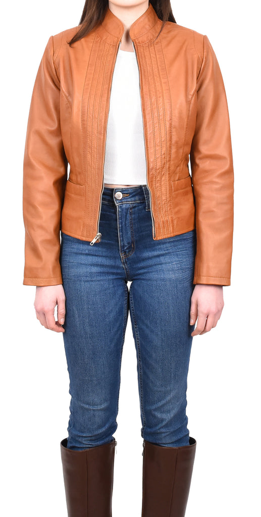 DR210 Women's Casual Biker Leather Jacket Tan 7