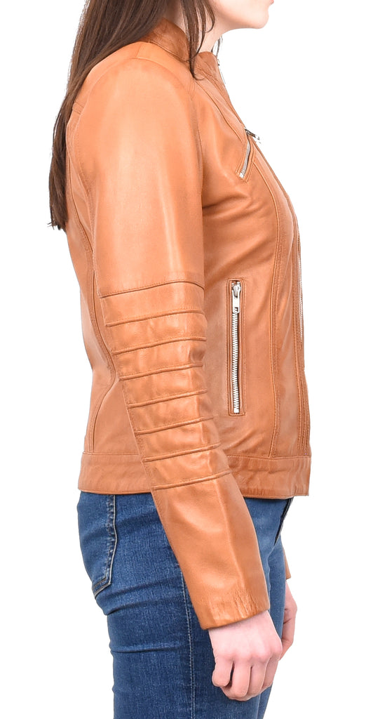 DR222 Women's Casual Biker Leather Jacket Tan 5