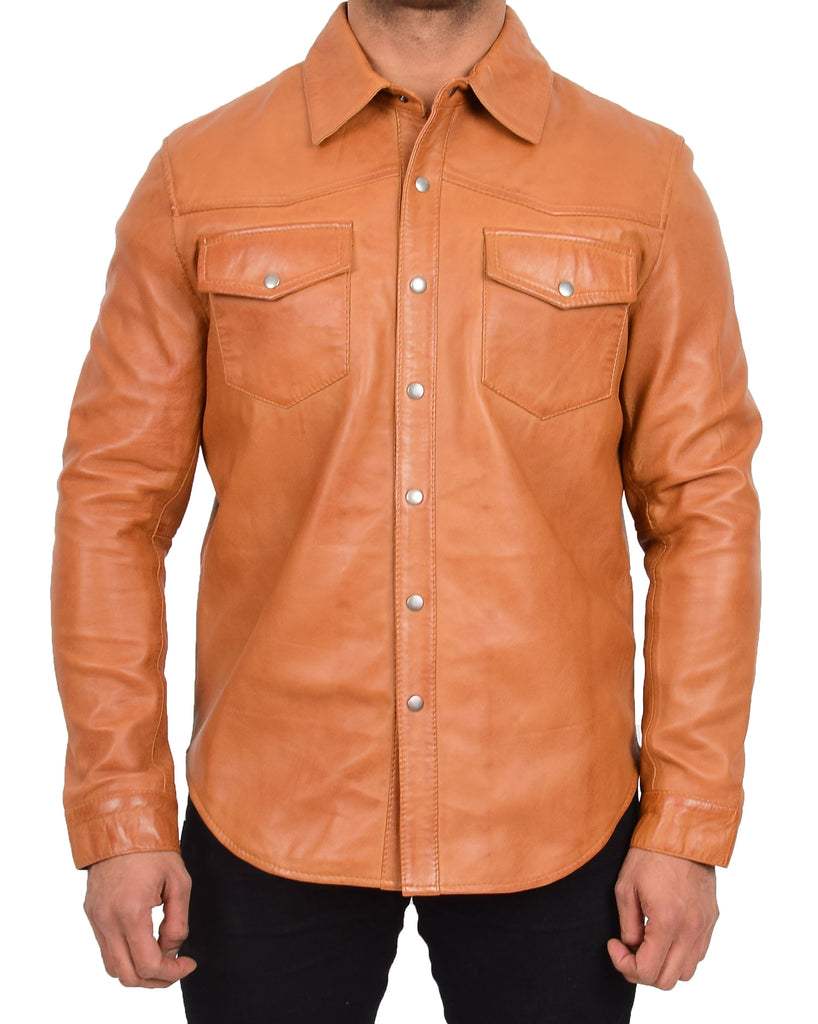 DR548 Men's Classic Leather Trucker Style Shirt Tan 7