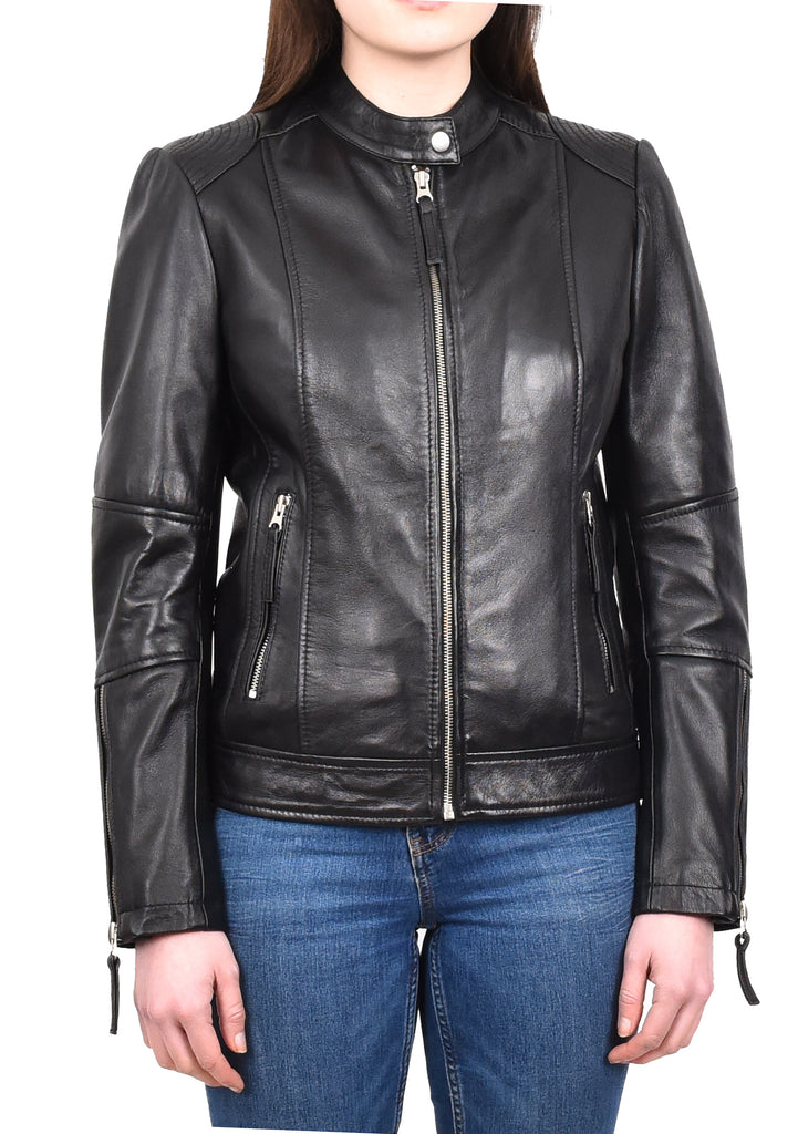 DR571 Women's Casual Zip up Genuine Leather Biker Jacket Black 6