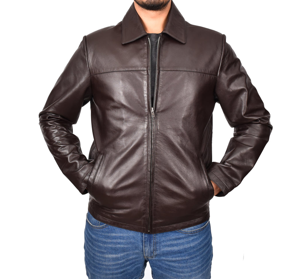 DR104 Men's Classic Zip Box Leather Jacket Brown 7