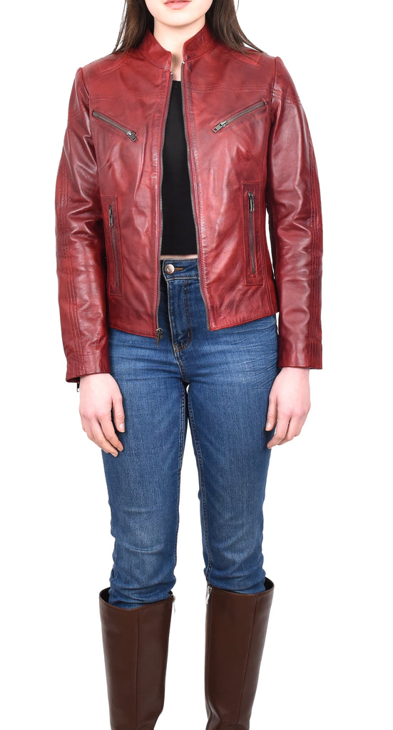 DR200 Ladies Classic Casual Biker Leather Jacket Barn Red 7