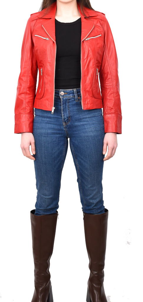 DR194 Women's Casual Leather Biker Jacket Short Red 7